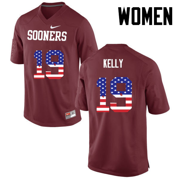 Women Oklahoma Sooners #19 Caleb Kelly College Football USA Flag Fashion Jerseys-Crimson - Click Image to Close